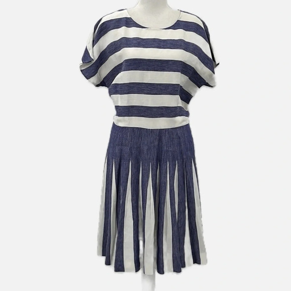 Hobbs London Aria Pleated Flax & Viscose Striped Dress - Size 14 - Picture 4 of 9